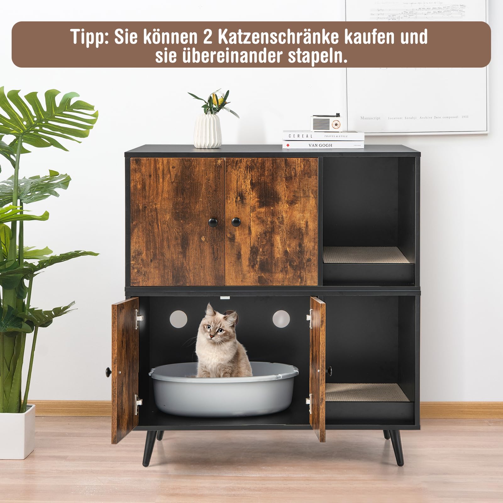 COSTWAY Katzenschrank für Katzentoilette, 2 in 1 Beistelltisch Katzenhaus, Katzenklo Schrank mit Kratzbrett & 2 Türen & Eingang, Katzenmöbel für Katzen Hunde Haustier, 90x50x54cm (Vintage)