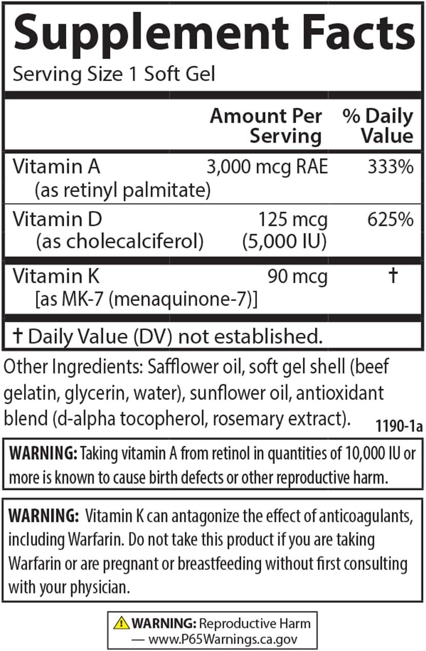 Carlson - Vitamins A, D3, K2, 3000 mcg RAE Vitamin A, 125 mcg Vitamin D3, 90 mcg Vitamin K2 as MK-7, Bone Building, Calcium Utilization, 60 Soft Gels