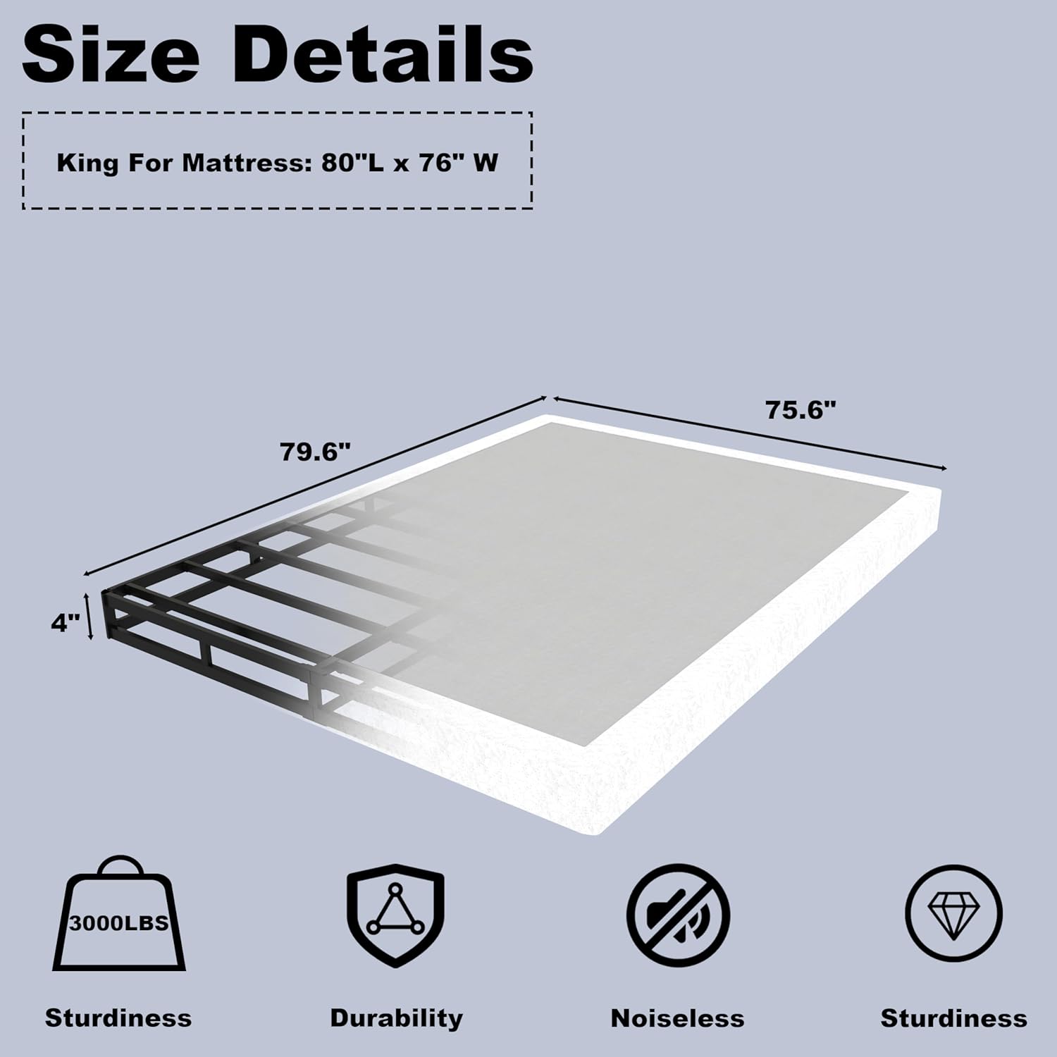 Box Spring for King Bed 4 Inch - Heavy Duty Metal Mattress Foundation with Easy Clean Cover,Metal Low Profile King Box Spring Only,Noise Free,Easy Assembly