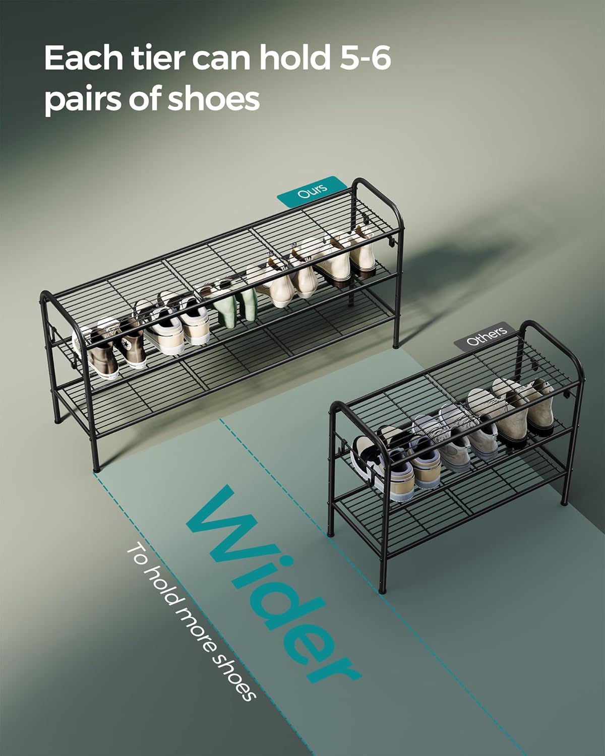 SONGMICS Shoe Rack, 3-Tier Shoe Organizer, Metal Shoe Shelf Storage with 4 Side Hooks, Holds 18 Pairs of Shoes, Height-Adjustable Shoe Rack for Entryway, Hallway, Closet, Ink Black ULMR131B01