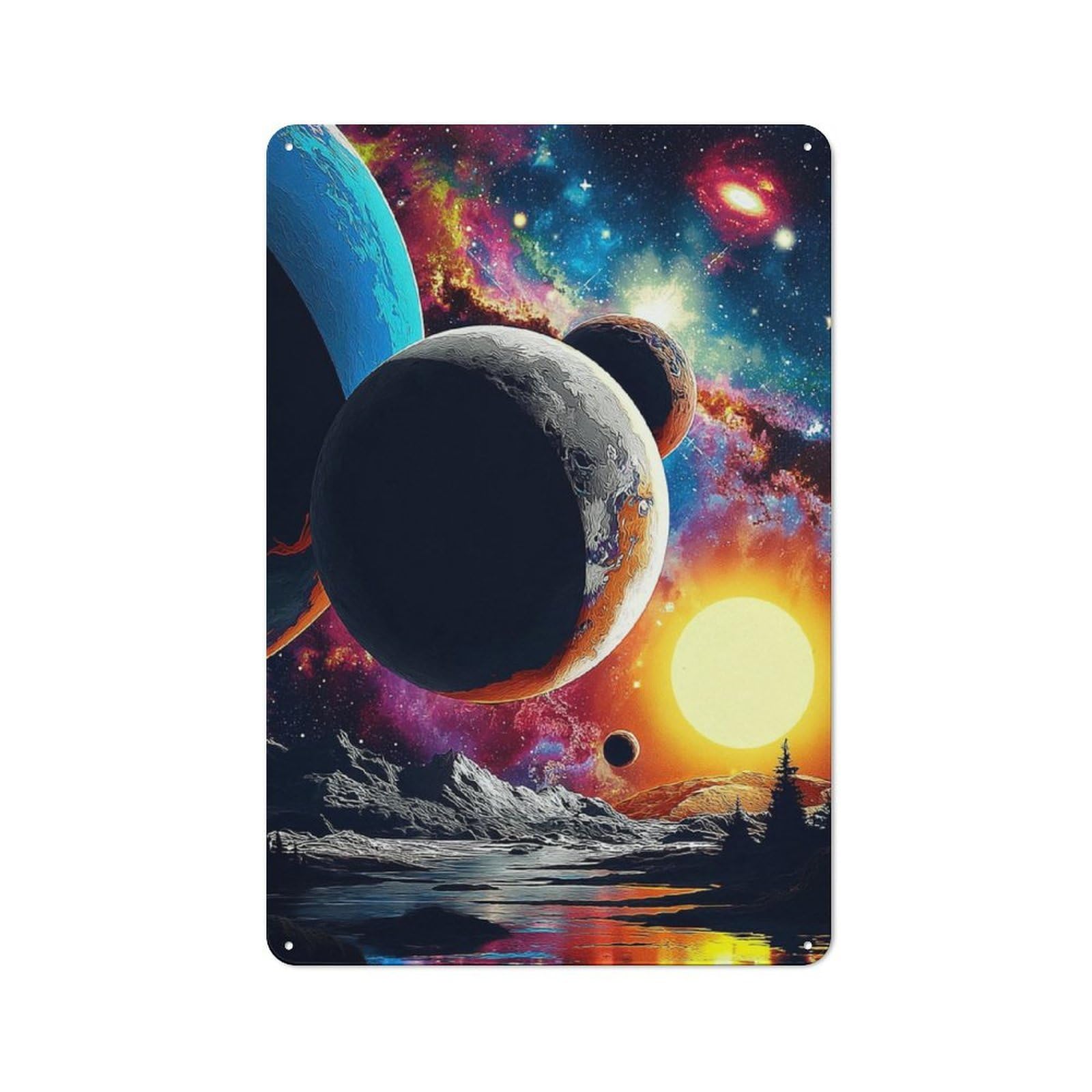 Junmoney Galactic Reflections A Cosmic Landscape Vintage Metal Plaque 30X20cm For Café Or Restaurant, A Decorative Gift For A Newly Furnished Café And Restaurant