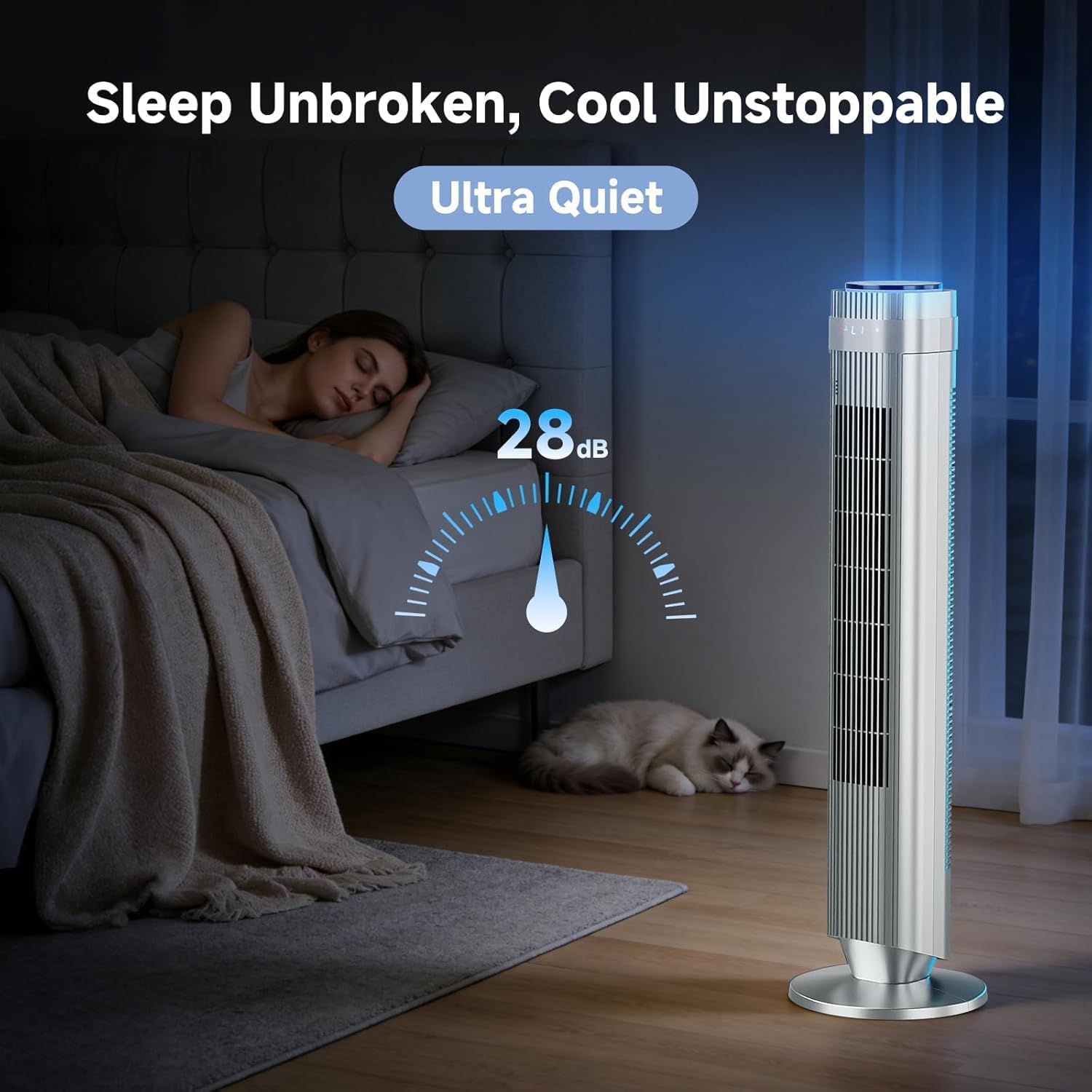 36 Inch Tower Fan for Bedroom, 22.3ft/s Velocity Standing Fan with 28dB Quiet for Sleep, Remoter, LED display, 5 Speeds, 4 Modes, 12H Timer, 64°Oscillation for Home, Office, Indoor, Bladeless, Silver