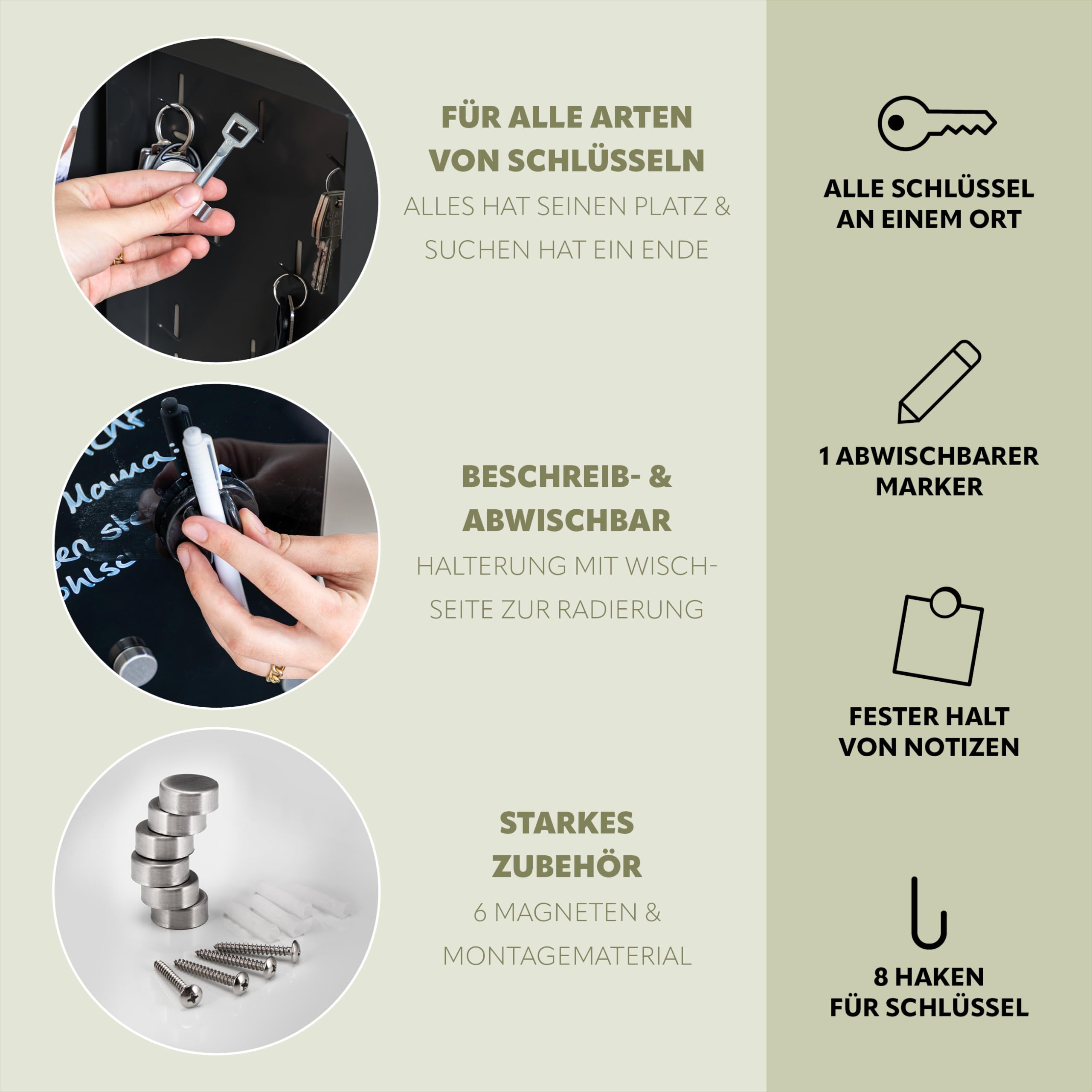 bremermann Schlüsselkasten mit Glasfront, beschreibbar, 8 Haken, 6 Magnete, 1 Marker,1 Marker-Halter, Korpus aus Metall grau pulverbeschichtet (Komplett Schwarz)