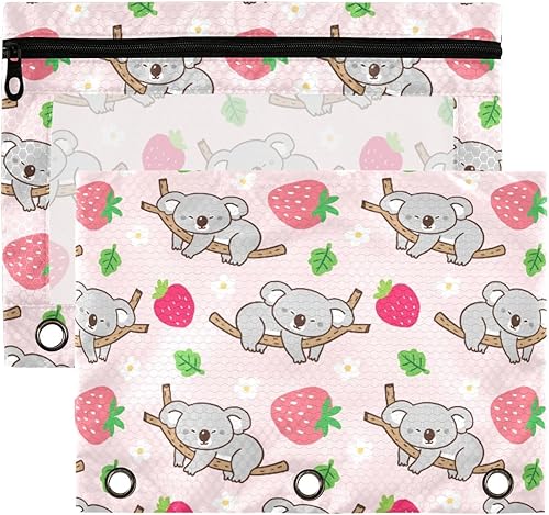 Estuche para lápices para carpetas de 3 anillos con cremallera, se adapta a carpetas estándar, estuche de lápices de koala de fresa para oficina y