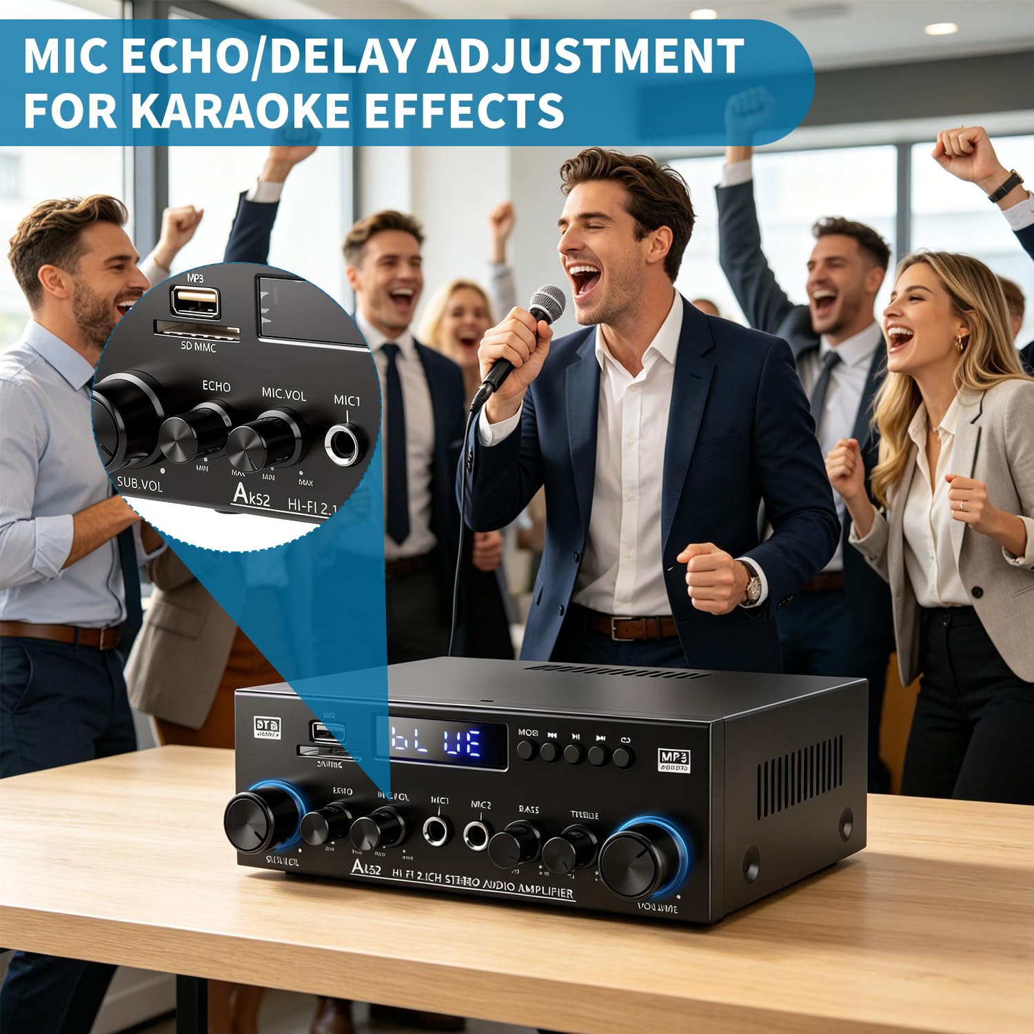 Amplificateur 1000 W, 2.1 canaux, Bluetooth 5.3 avec subwoofer