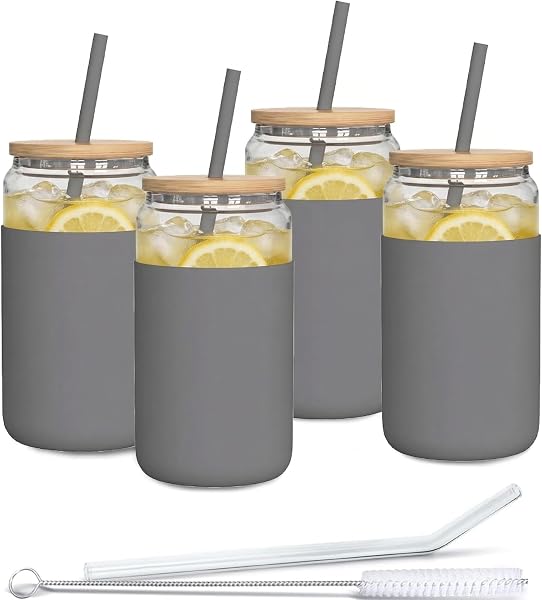 Aquafloow Verre avec Paille et Couvercle 500 ml | Gobelets réutilisables Housse en Silicone | Set de Verres- 2 pailles 1 bâtonnet de nettoyage | Pour smoothie, café, cocktail- 4 pièces- Gris - 1