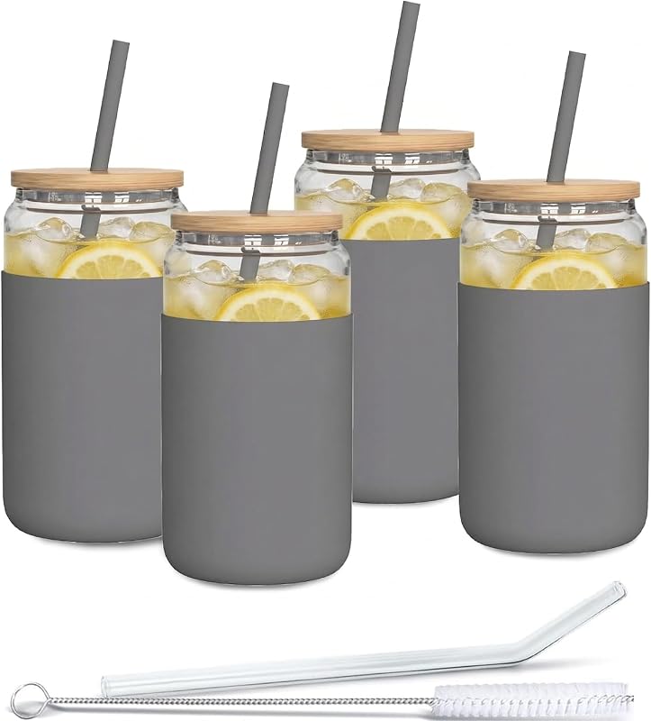 Aquafloow Verre avec Paille et Couvercle 500 ml | Gobelets réutilisables Housse en Silicone | Set de Verres- 2 pailles 1 bâtonnet de nettoyage | Pour smoothie, café, cocktail- 4 pièces- Gris