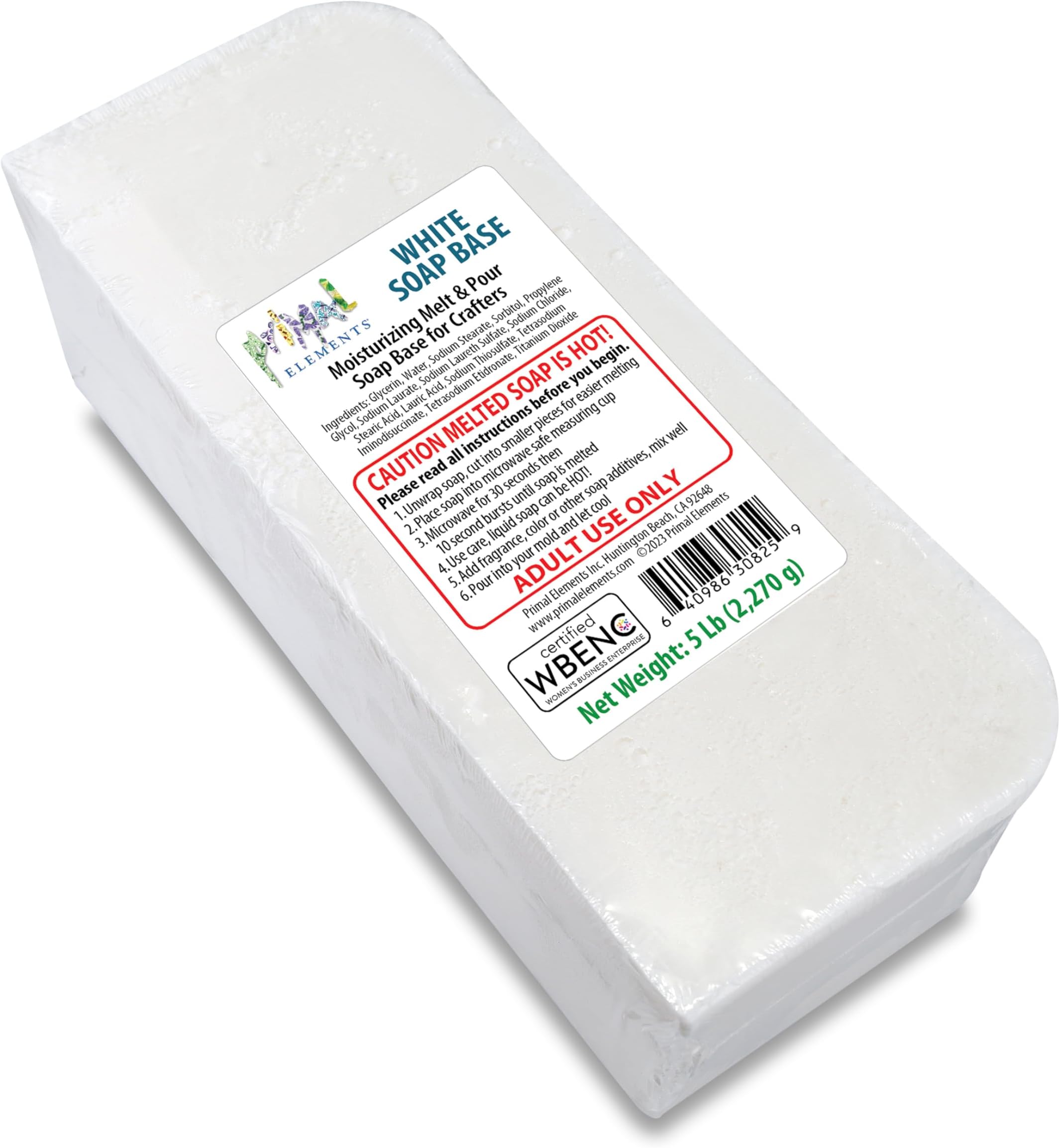 Primal Elements White Soap Base - Moisturizing Melt and Pour Glycerin Soap Base for Crafting and Soap Making, Vegan, Cruelty Free, Easy to Cut, Unscented - 5 Pound