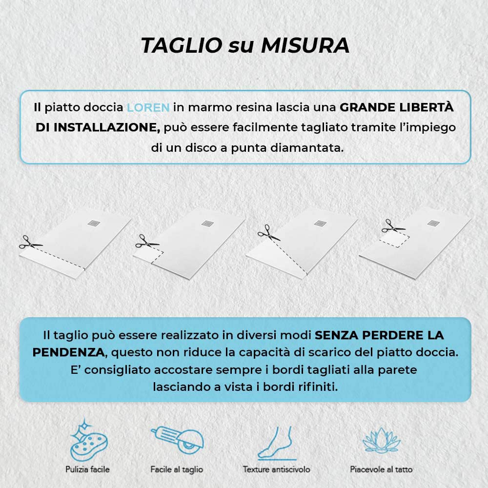 Inbagno Piatto Doccia semicircolare Sinistro 70x90 in Resina Bianco Effetto Pietra, Ultra Slim e Antibatterico, riducibile su Misura, griglia di Scarico Reversibile, Loren