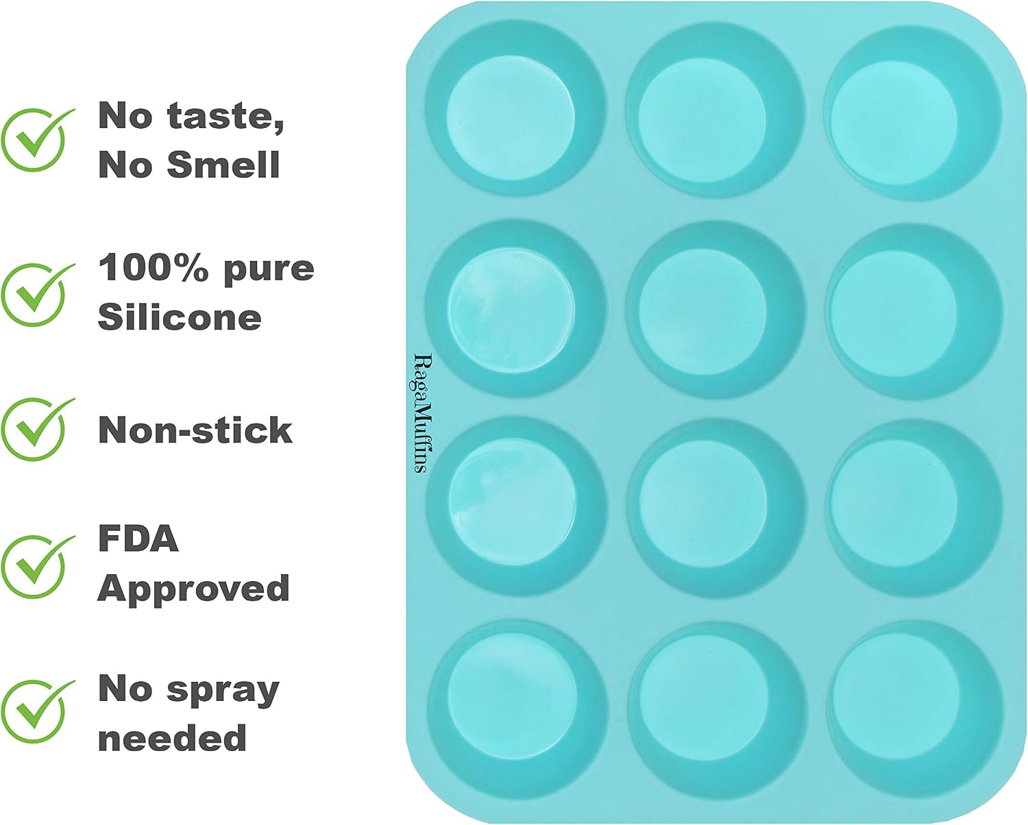 Silicone Baking Pan Cupcakes Muffins Mold 12 Cup 100% Non-Stick BPA Free Food Grade Silicone in Aqua- 1 pan by Ragamuffins