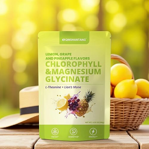 Miniatura 6 de Polvo de glicinato de magnesio y clorofila con L-teanina, melena de león  Apoyo al sueño tranquilo, alivio del estrés y desintoxicación  Jugo en