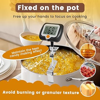 Digital Sugar Thermometer, Food Thermometer with Instant Display, Chocolate Thermometer with Stainless Steel Probe and 180° Rotating LCD Display, for Chocolate Creams, Sauces, Jam and Syrups