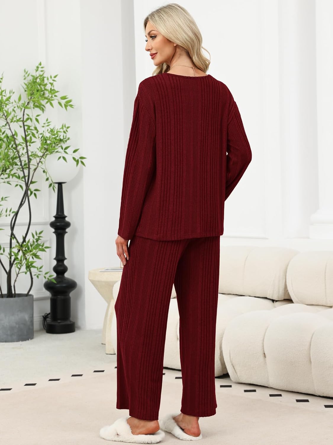 Lounge Sets for Women Ribbed Knit Pajamas 2 Piece Matching Sweatsuits Long Sleeve Sweater Tracksuit Travel Outfits - Image 7