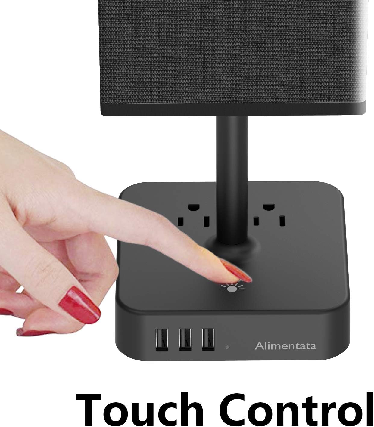 Alimentata Touch Control Bedside Table Lamp with 3 USB Charging Port and 2 AC Outlet,Minimalist LED Desk Night Light with Charger Base White Fabric Shade for Bed Room/Nightstand/Office