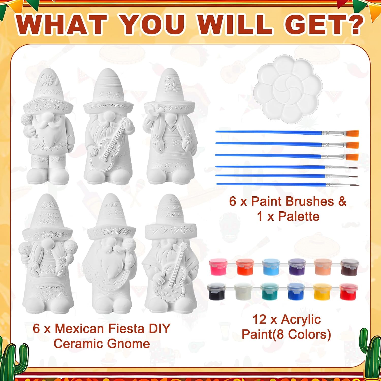Arrowbash 6 Pcs Mexican Ceramics to Paint Ready to Paint Your Own Gnome Statues 5.12 Inch Mexico Theme Paintable Figurines DIY Unpainted Ceramics Plaster Crafts with Brush Palette