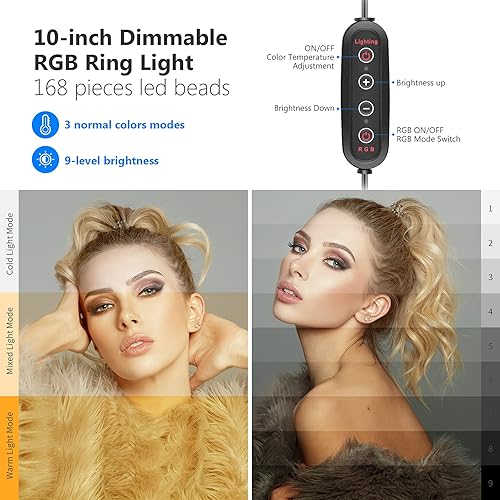 Miniatura 2 de Neewer - Anillo de luz RGB para selfie, 10 pulgadas de diámetro, con soporte de trípode y soporte para teléfono, control remoto infrarrojo,