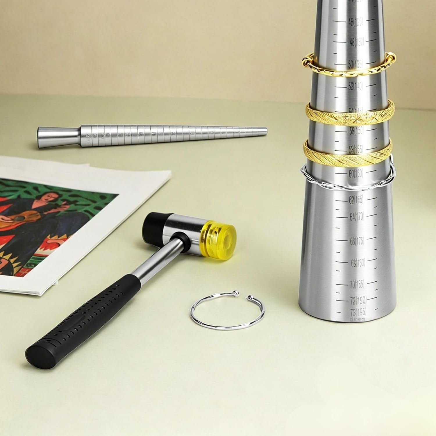 Ring Bracelet Sizer Measuring Tool Set, Including Iron Hammer, Stainless Steel Round Metal Ring Mandrel,Bracelet Mandrel with Graduated, Adjust Bracelet Making Jewelry Making Tool