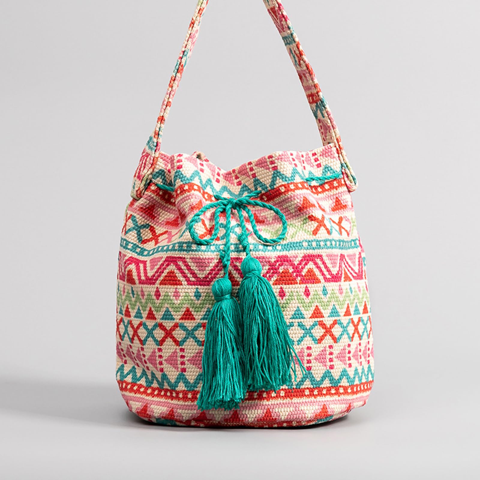 Estilo Étnico Tote y Bolso de Mano de Lona para Mujer, Bolso de Hombro para Estilo Boho y Playa con Borlas Retro y Bolsa de Cubo para Vacaciones, Citas y Viajes Multicolor