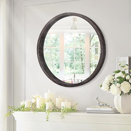Miniatura 7 de JJUUYOU Espejos redondos grandes para espejo circular de pared para baño, espejo circular redondeado de 20 pulgadas, con marco de madera, espejo de