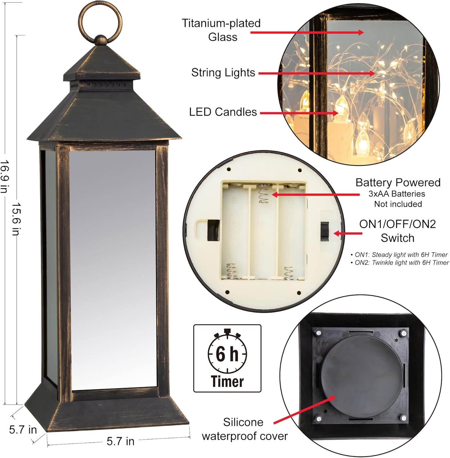 Yongmao Large Decorative Candle Lantern 17 Inch Tall Golden Brushed Black Vintage Lantern with Fairy String Lights Hanging Lantern with Timer for Indoor Outdoor Christmas Garden Yard Home Decor : Home & Kitchen