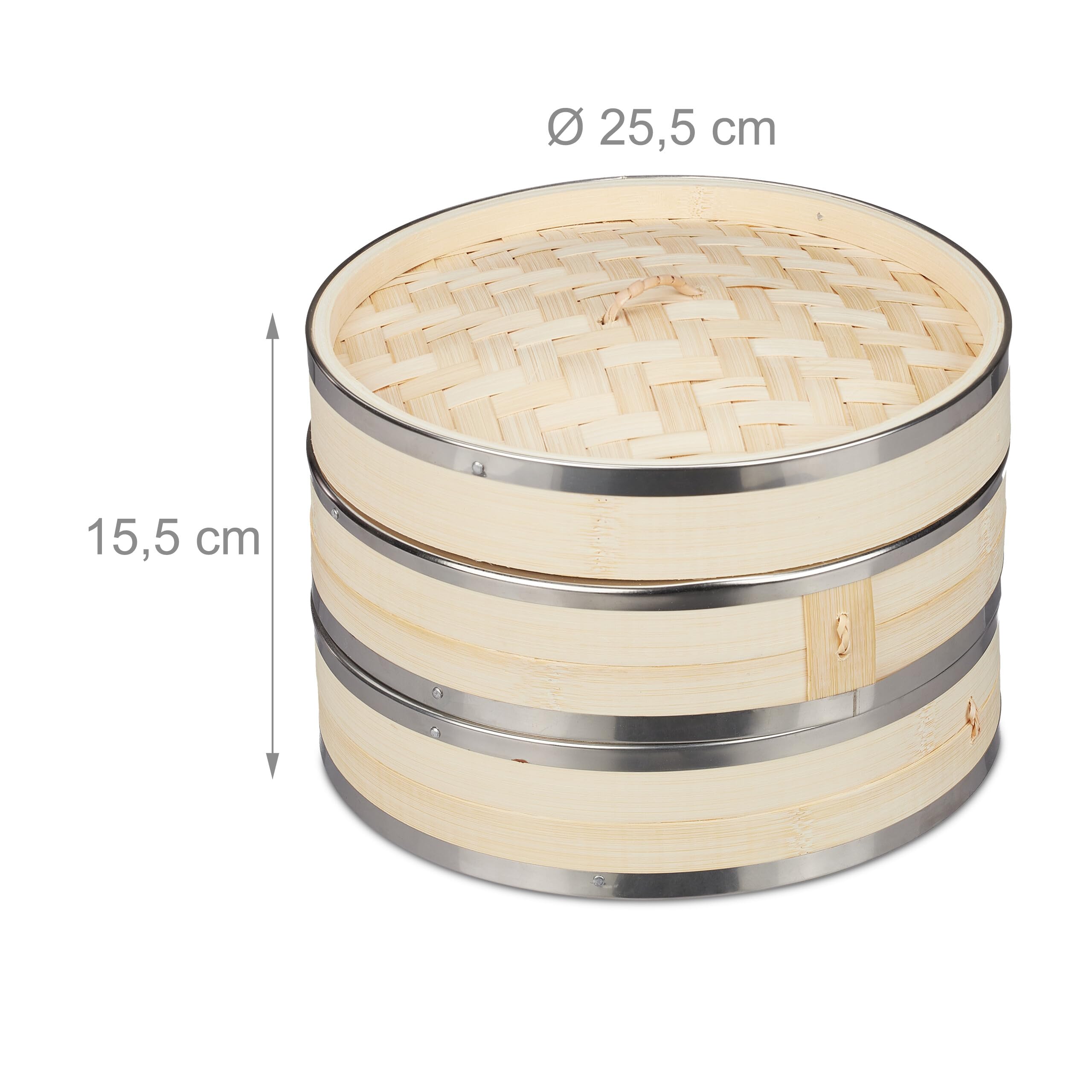 Relaxdays Cuiseur vapeur bambou, 2 niveaux, anneaux en métal, panier asiatique, riz, dimsum, légumes, Ø 24 cm, nature