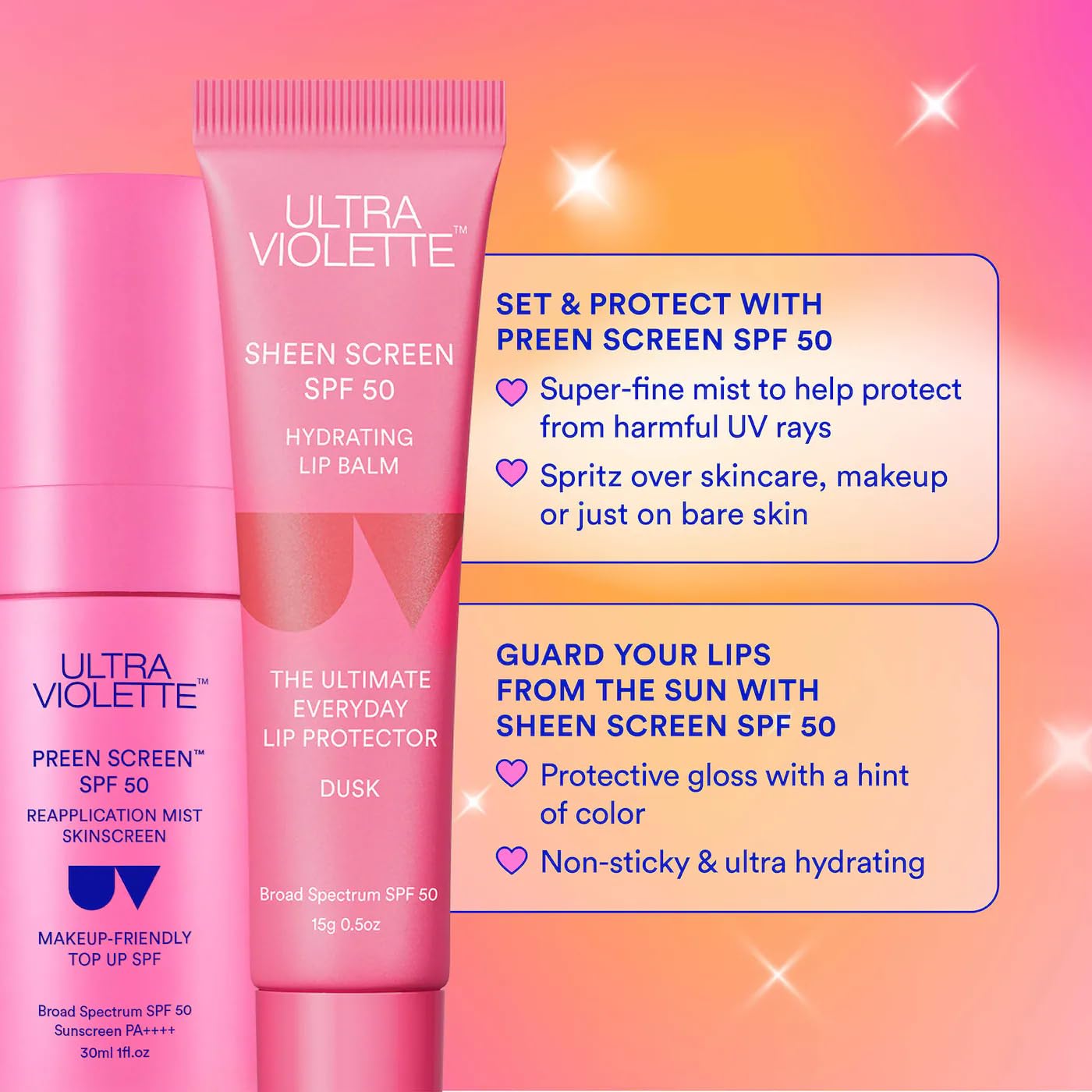 Ultra Violette SPF on the Glow SPF 50 Sunscreen Duo – Makeup-Friendly Reapplication Mist & Hydrating Lip Balm Set