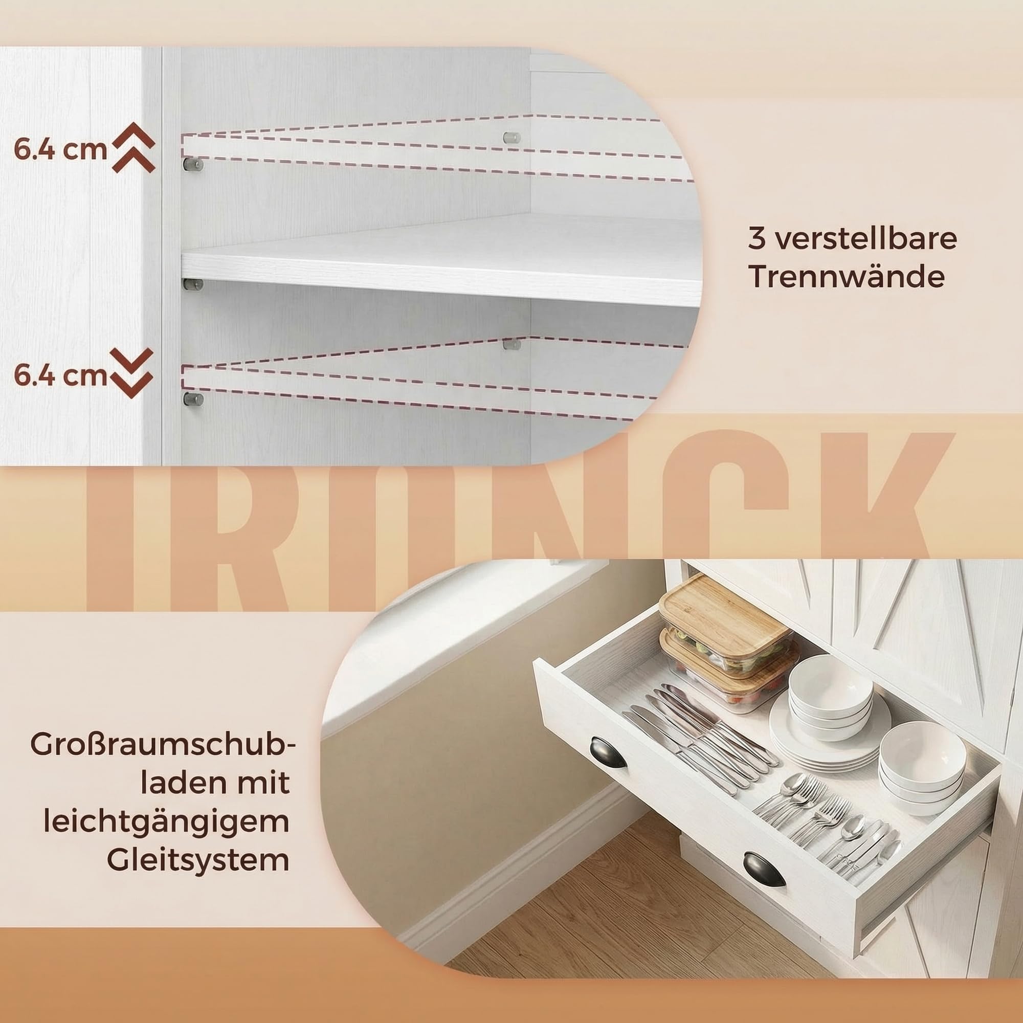 IRONCK Küchenschrank Hochschrank Mit Schubladen, 40 x 77,5 x 184,5 cm, Weiß | Aufbewahrungsschrank Mit Flügeltüren, Schublade, 3 verstellbaren Einlegeböden für Wohnzimmer Küche