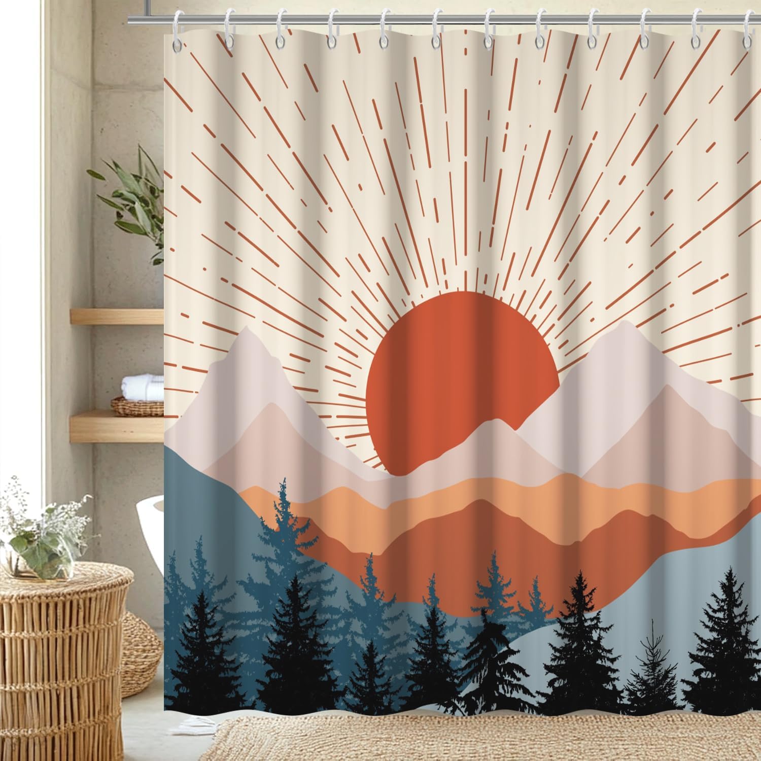 Mid Century Shower Curtain, Boho Sunrise Shower Curtain for Bathroom Waterproof Abstract Terracotta Mountain and Forest Bathroom Curtain Set with Hooks, 72x78 Inch