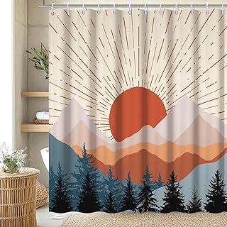 Mid Century Shower Curtain, Boho Sunrise Shower Curtain for Bathroom Waterproof Abstract Terracotta Mountain and Forest Bathroom Curtain Set with Hooks, 72x84 Inch