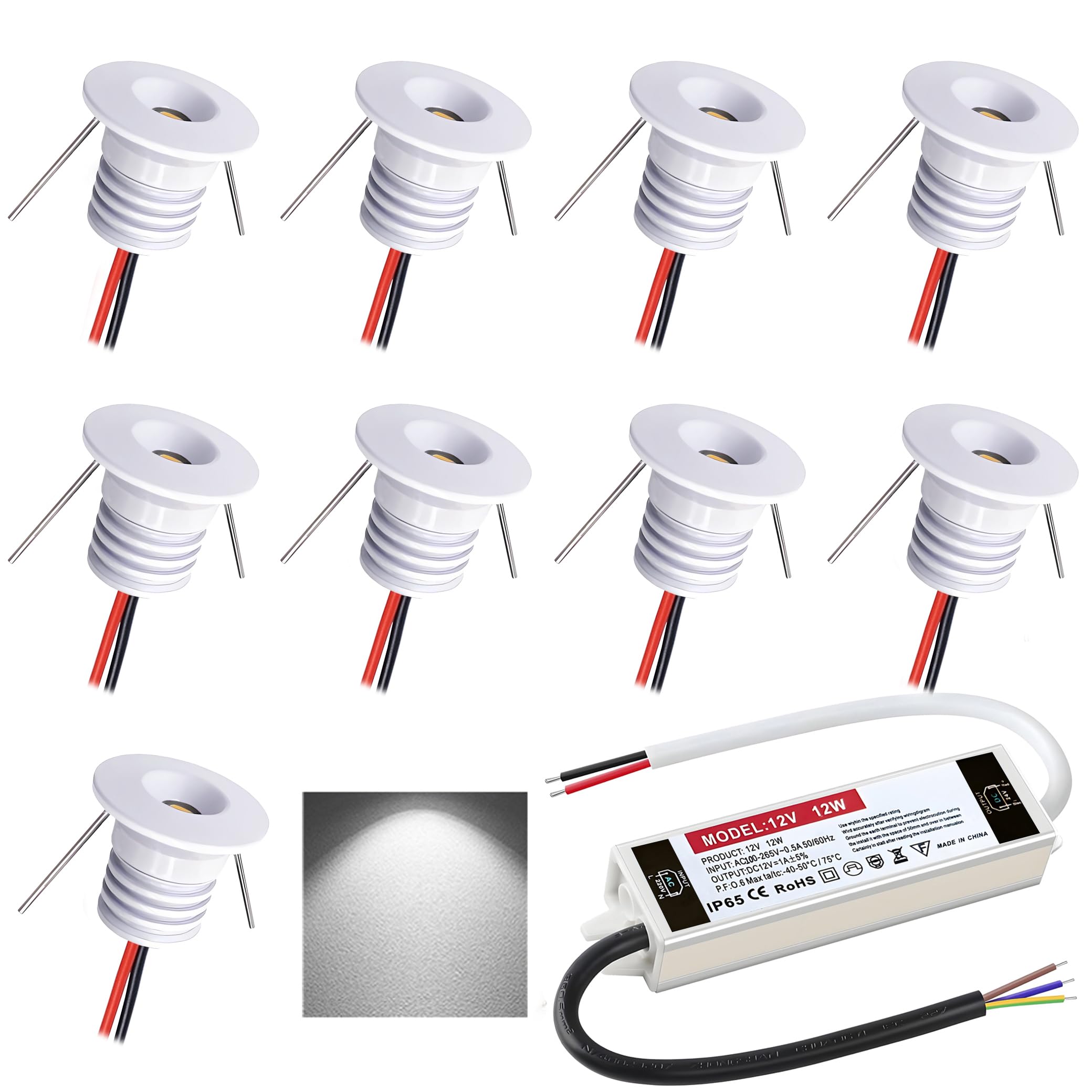 LED Einbaustrahler 12V 1W mini Led Spot Einbauleuchten IP65 deckenspots für Badezimmer Küche Wohnzimmer kleiderschrank schranklicht vitrinen treppenstufen beleuchtung 9 Stück (Weiß,kaltweiß 6000K)