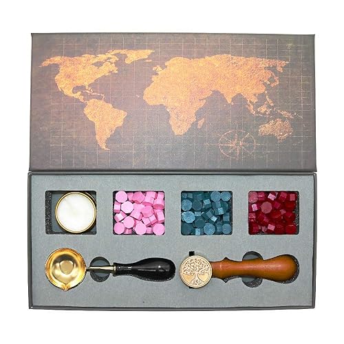 BITEYI Juego de sellos de cera, kit de sellado de cera con cuentas de cera de sellado, sello de latón, cuchara de fusión, vela, caja de regalo