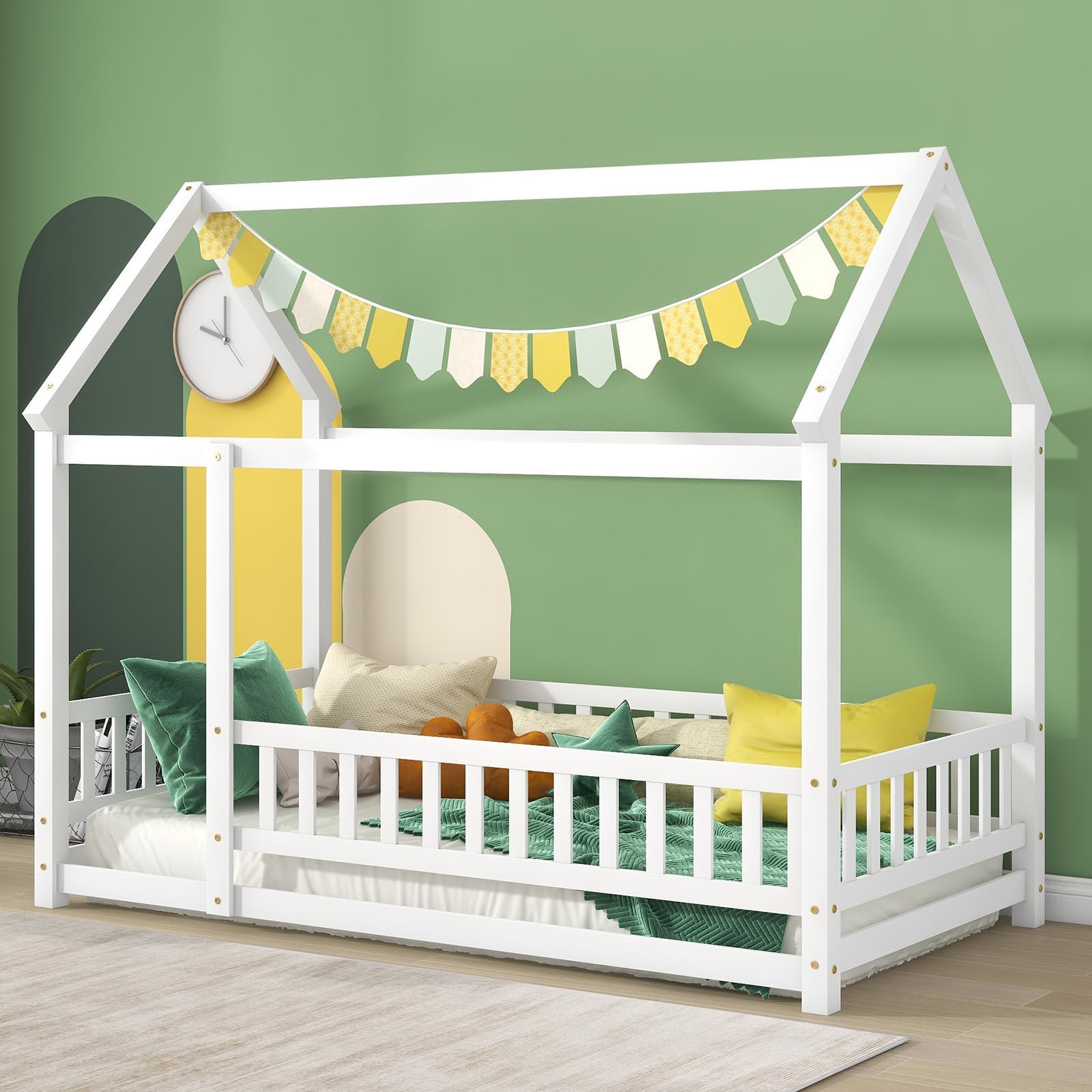 Tatub Twin House Floor Bed for Kids, Montessori Floor Bed with Rails, Floor Bed Frame with Roof, Wood House Bed for Girls & Boys, Twin-White
