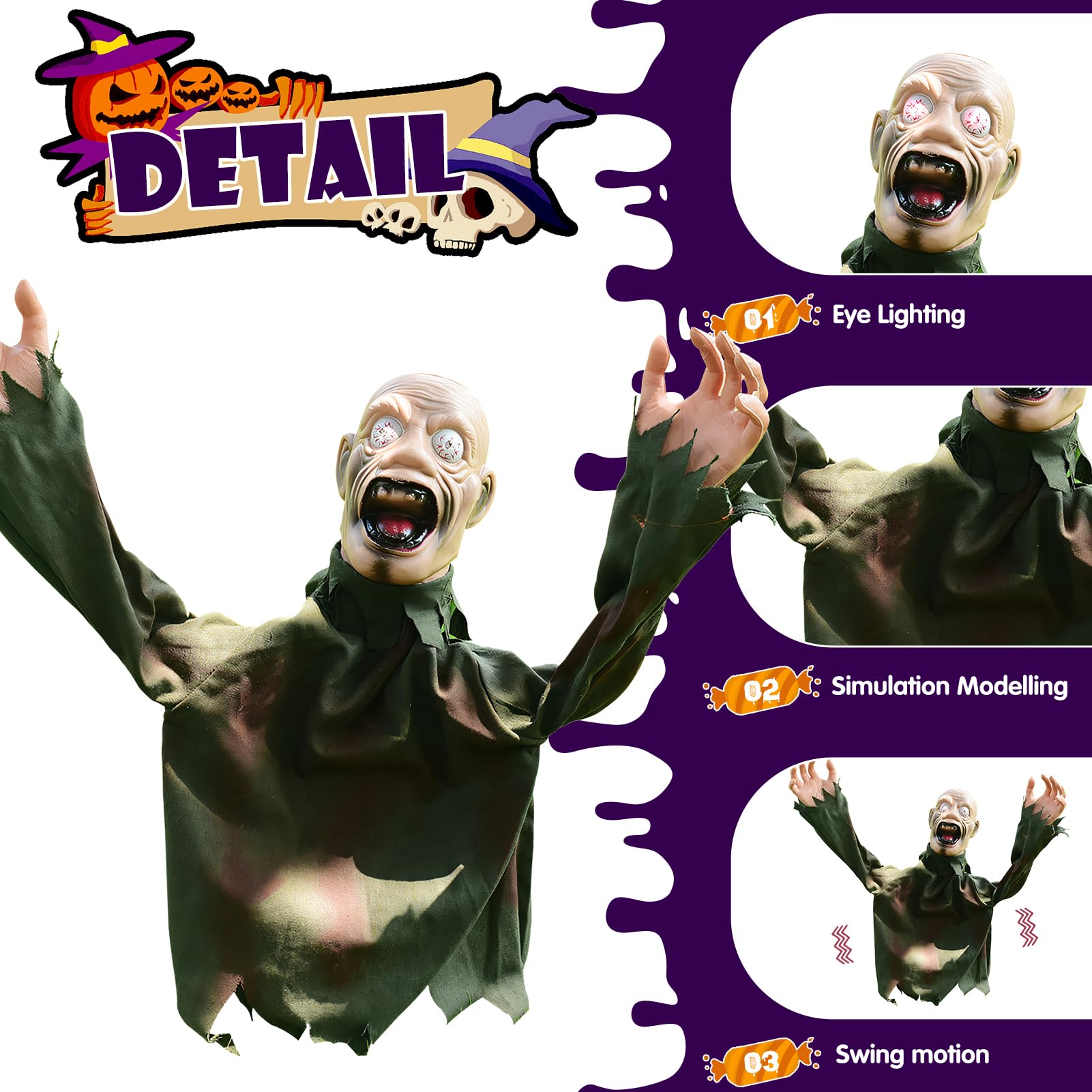 Halloween Animatronic Zombie Groundbreaker, decoración de Halloween, esqueleto zombi espeluznante con ojos brillantes y sonido espeluznante, zombi oscilante, animado para decoración de Halloween,
