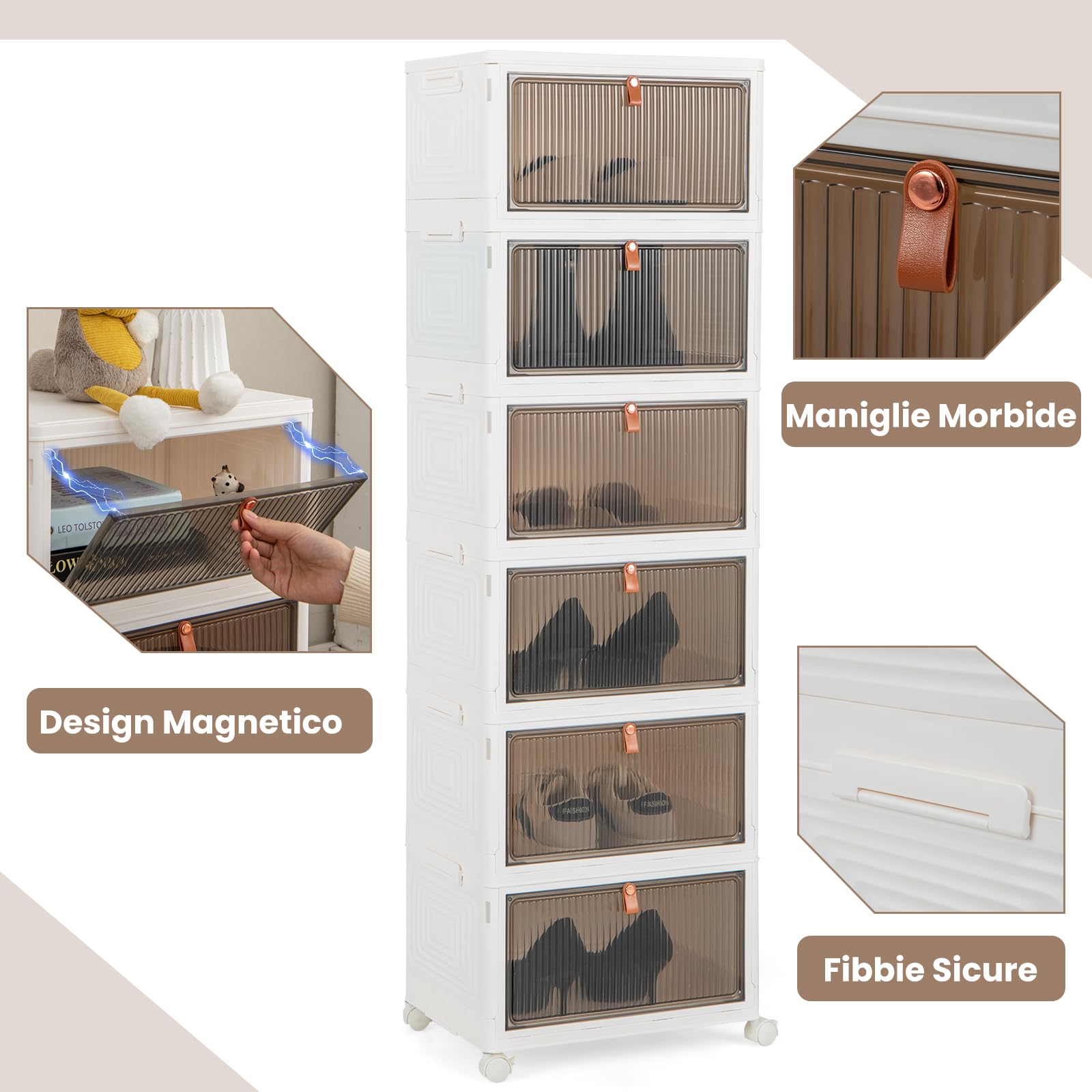 COSTWAY Scarpiera Pieghevole a 3/4/6 Piani, Mobile Multiuso Impilabile con Porte Trasparenti Magnetiche e Ruote Piroettanti Bloccabili, Contenitore con Coperchio per Cibi Giocattoli Abiti (6 Piani)
