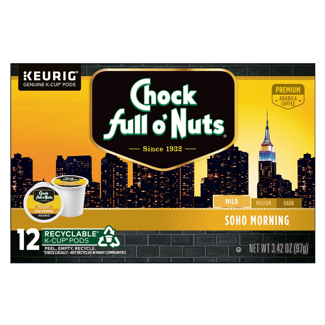 Chock Full o'Nuts Coffee K-Cup Pods (Midtown Manhattan, Soho Morning & Upper West Side) Variety Pack