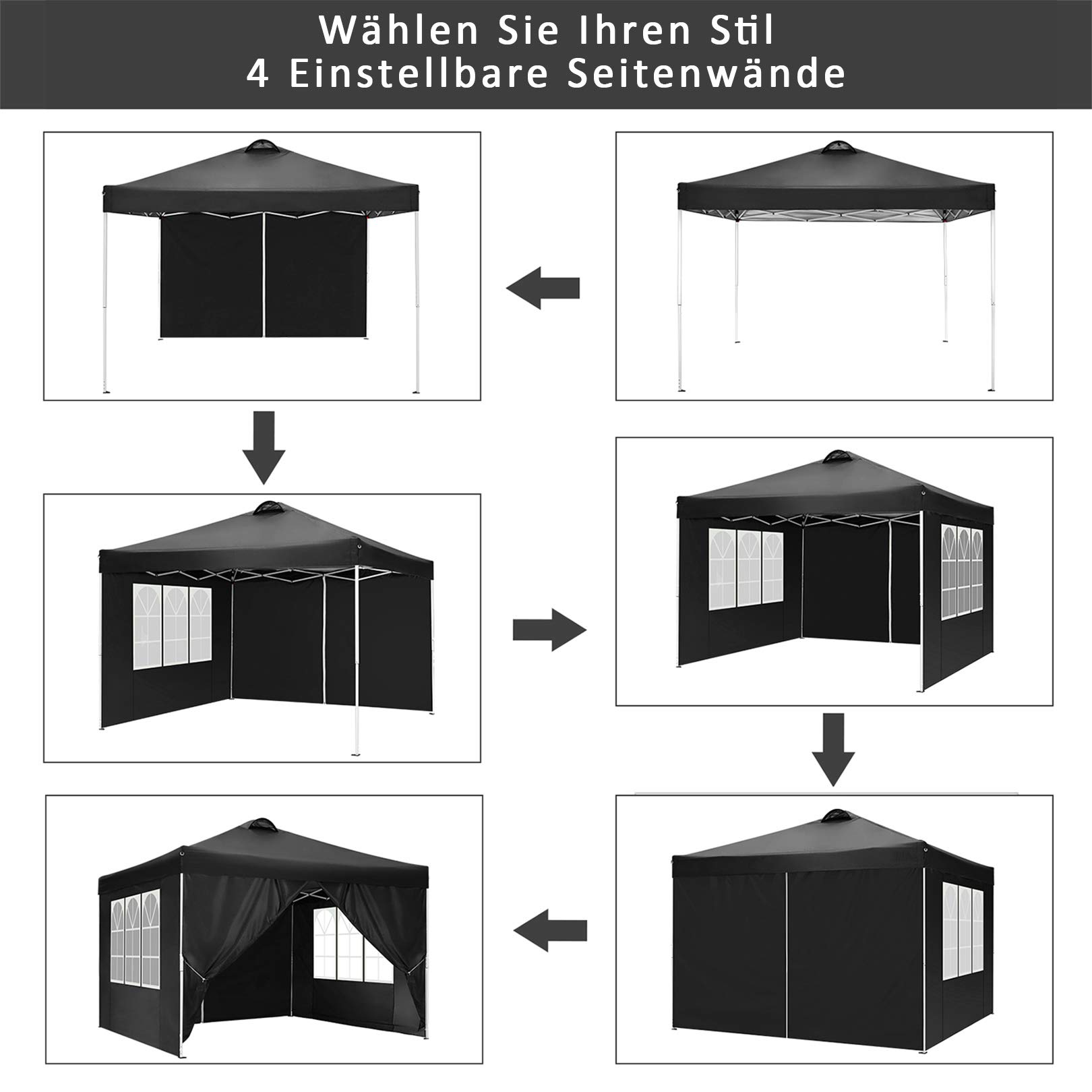COBIZI Pavillon 3x3m Wasserdicht Stabil Winterfest Faltpavillon Partyzelt Gartenpavillon mit Entlüftung, 4 Seitenteilen, 4 Sandsack, Höhenverstellbar, Pop up Faltbar Gartenzelt, Schwarz