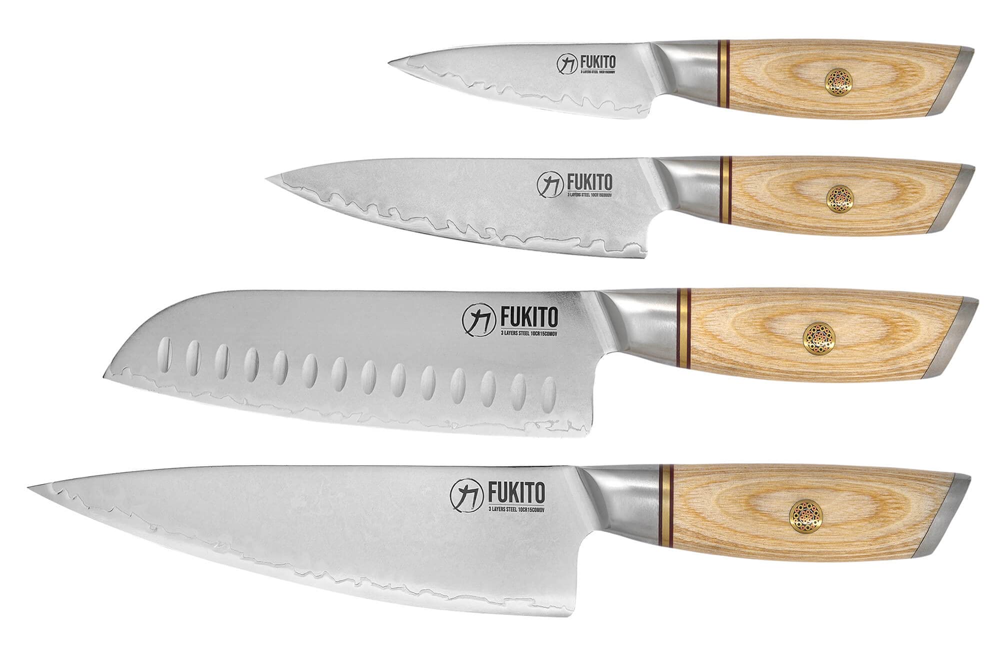 Fukito - Mallette 4 Couteaux de Cuisine Design Japonais Pakka San Mai Manche en Bois de Pakka Mallette 9 Places Office + Universel + Santoku + Chef