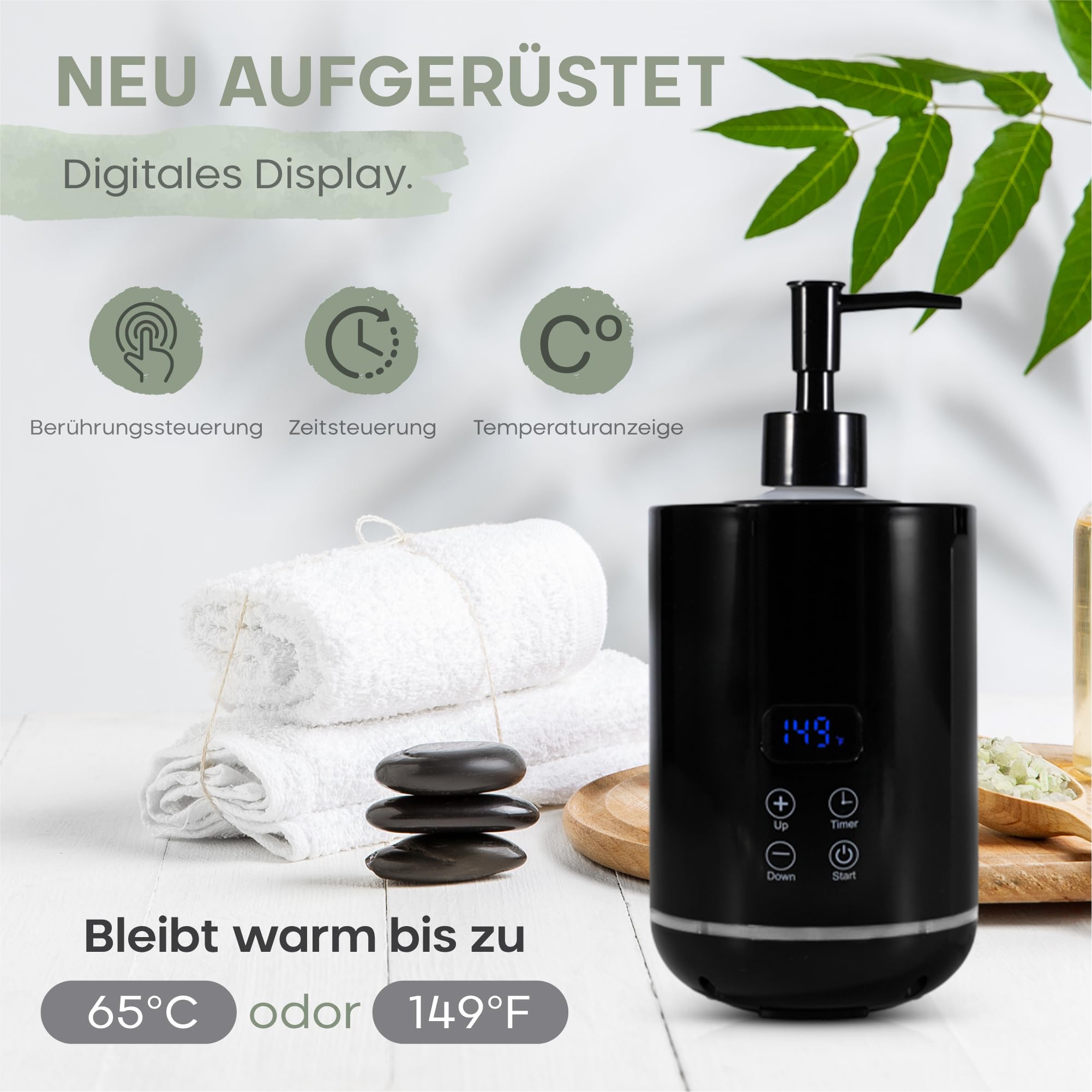 Massageöl Wärmer, 250 ml Kunststoff Flasche (2x), Fast-Heating Technologie (20 Min Aufheizen), Massageöl und ätherische Öle, Temperatur (30-65 Grad), Massage Wellness, stilvoller Erwärmer (Schwarz)