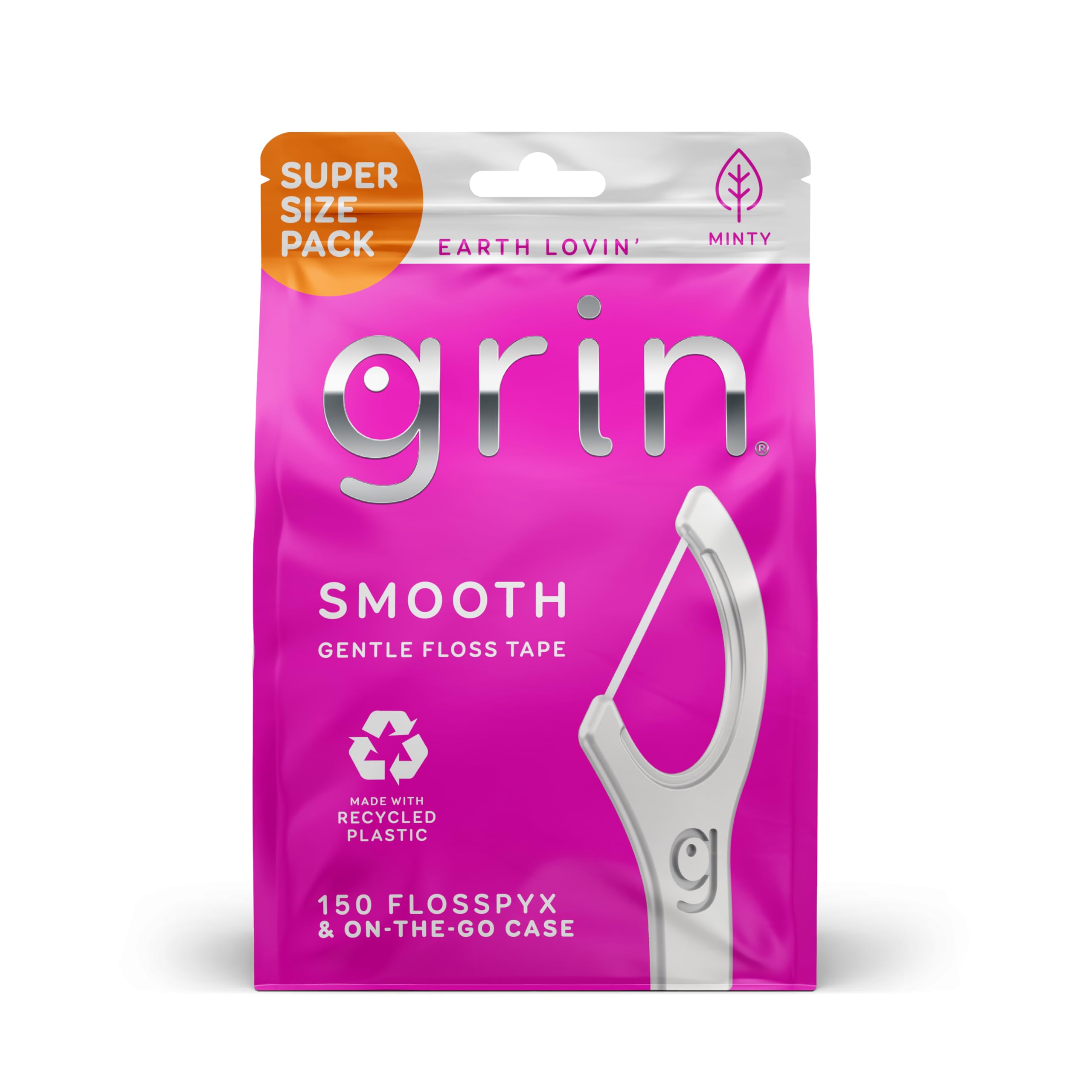 GRIN Smooth Flosspyx Gentle Floss Picks 150 Count Dental Flossers Minty Flavor Recycled Plastic Smooth Floss Tight Teeth