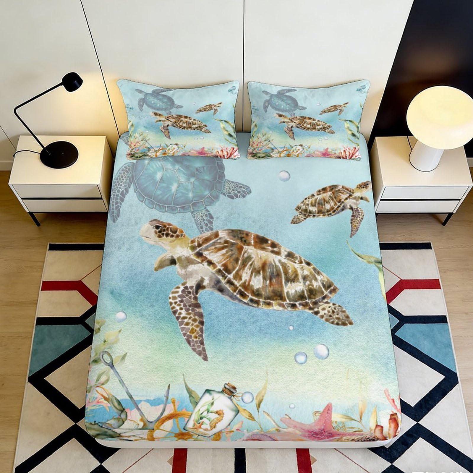 Pnayamiorkfel Style-8 3D Printed Sea Turtle Ocean Fitted Sheet Microfiber Soft Mattress Cover For Bedroom Guest Room Decor Protection 90X200x25cm