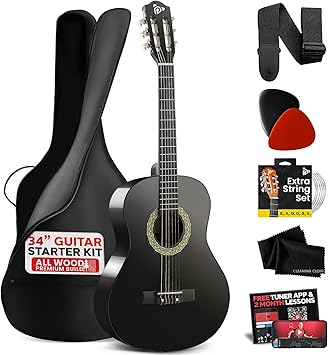 Pyle Beginner Acoustic Guitar Kit, 1/2 Junior Size All Wood Instrument with Full Accessory Kit, Picks, Shoulder Strap, Carry Case, Cleaning Cloth, Tuner App, 2 Month Lessons, 34”