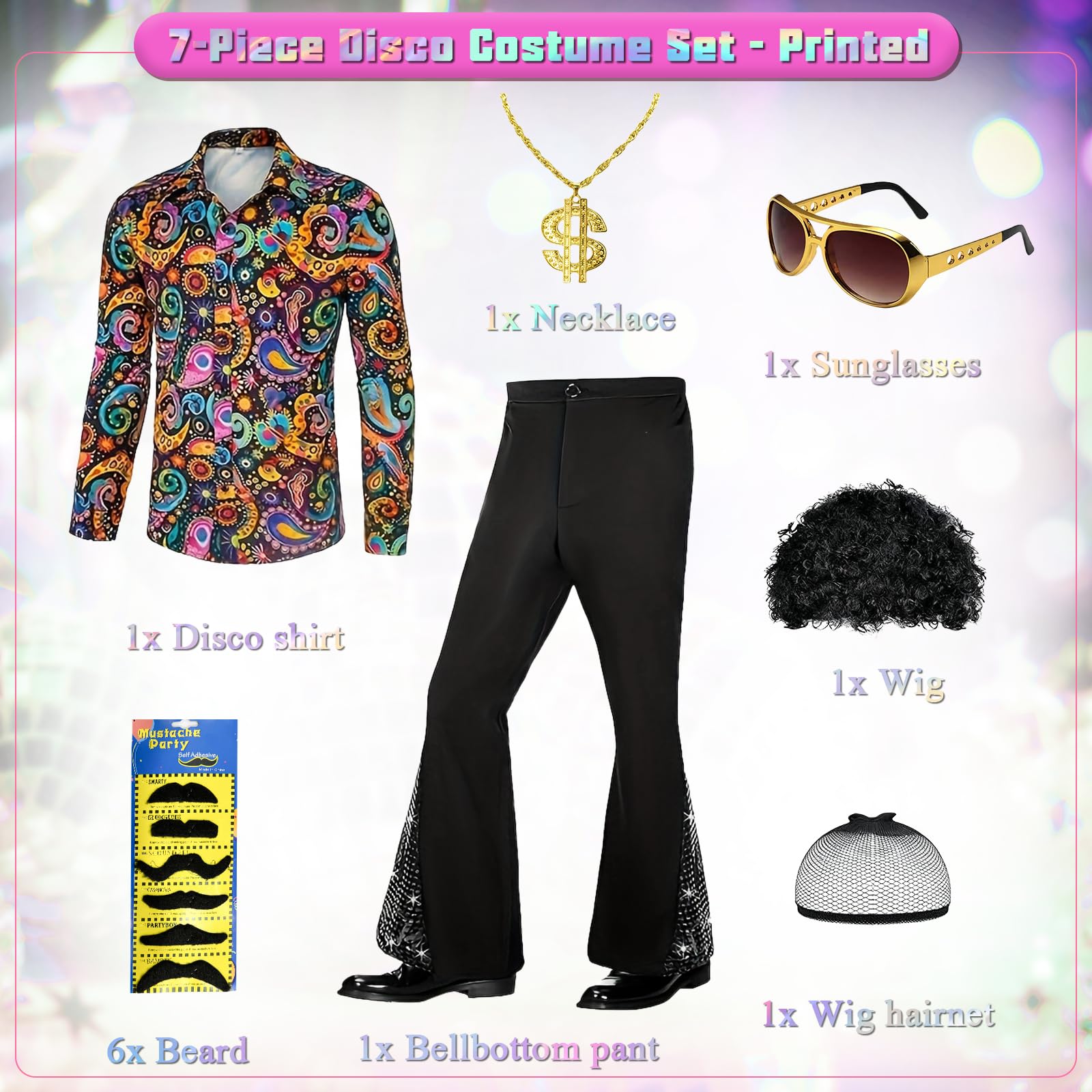 JDFAIJEAL Disco Hippie Costume Set for Adults- Retro 70s-80s Style Outfit with Shirt, Pants, Afro Wig - Image 3