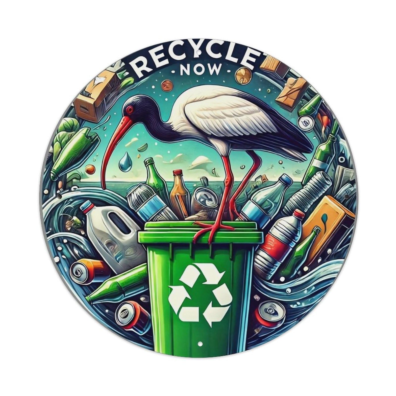 Recycle Now Stork Trash Bin Vintage Round Tin Sign Retro Metal Wall Decor Metal Poster, Home Bar Garage Farmhouse Cafe Wall Art Decoration 8x8Inch