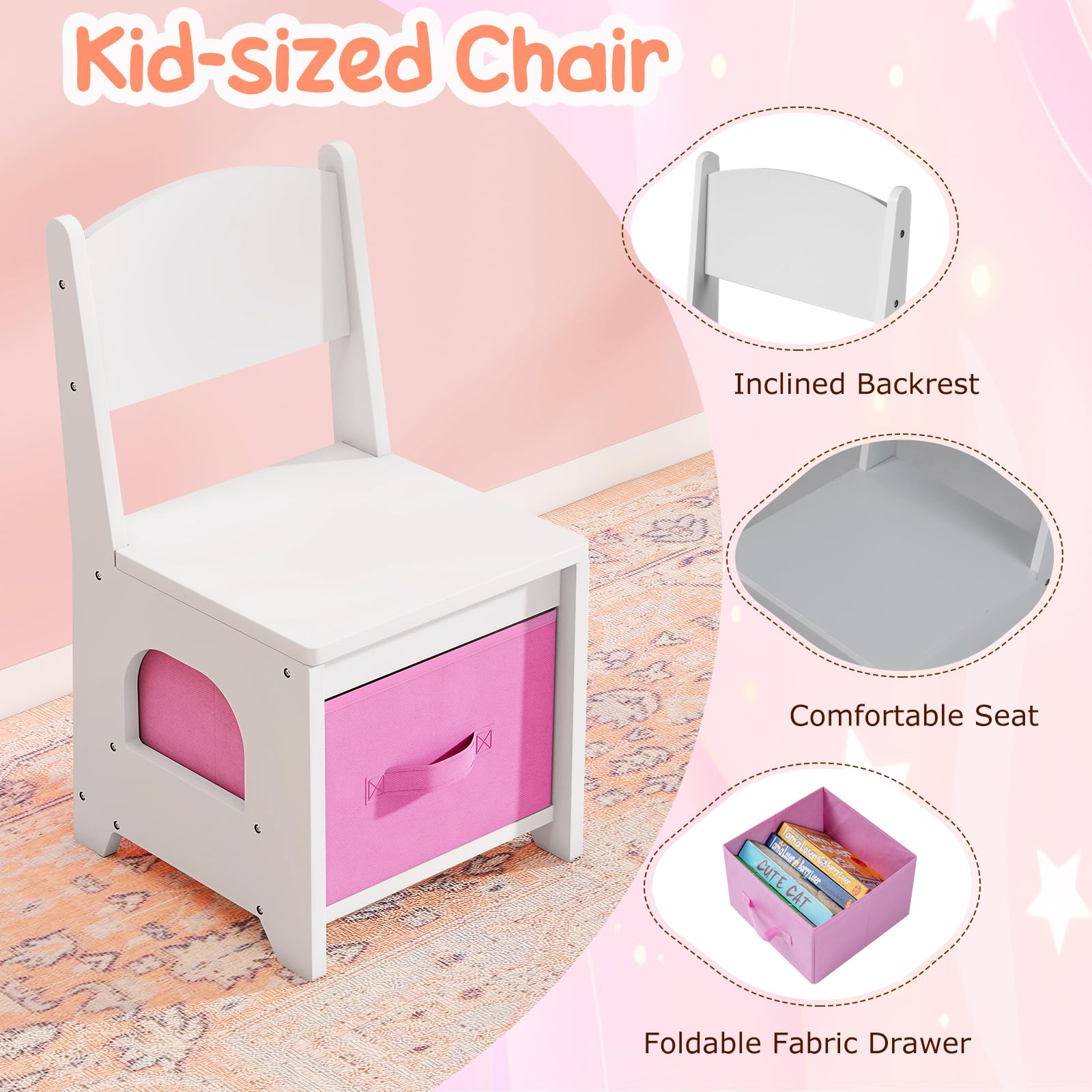 LIFEZEAL Tocador Infantil con Luces, Tocador Niña con Espejo y Silla Princesa, 5 Cajones y 2 Compartimentos, Armario de Una Puerta, Estante Abierto, Mesa de Maquillaje para Niños (Blanco)