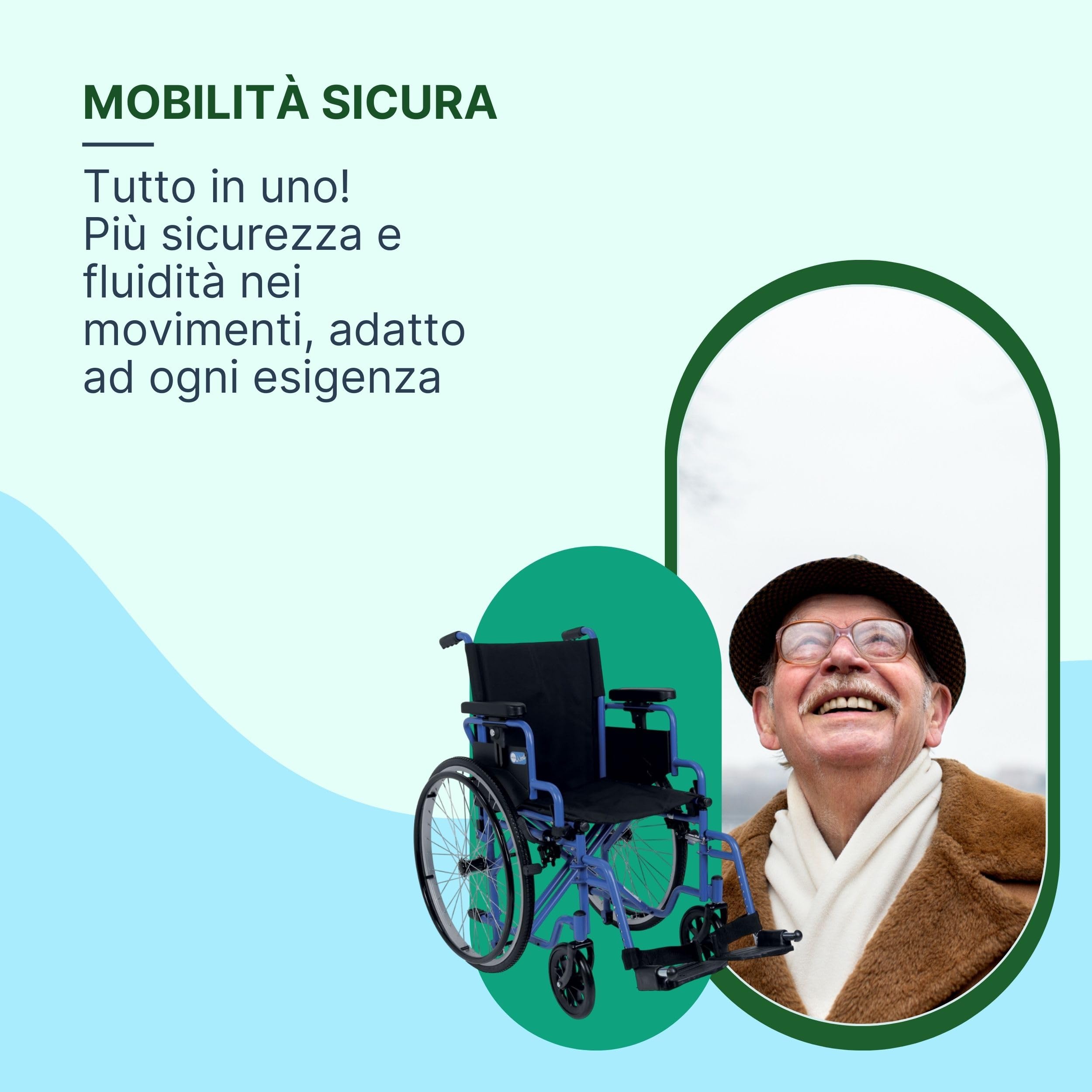 Sedia a Rotelle Pieghevole Leggera ad Autospinta, 46 cm, Blu | Carrozzina per Disabili Trasformabile in Transito, Crociera Doppia, Ruote a Sgancio Rapido, Braccioli Regolabili in Altezza