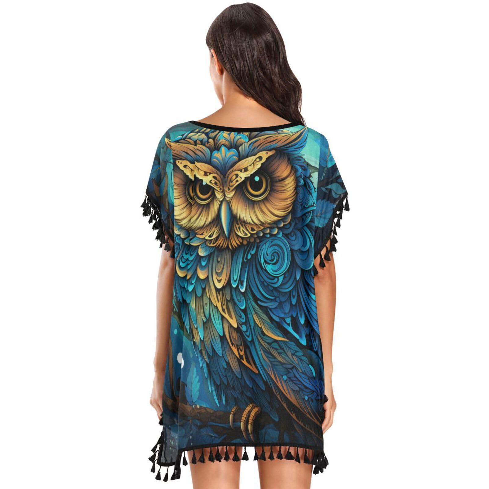 Angry Owl Blue Abstract Women's Beach Cover Up Chiffon Tassel Swimwear Swimsuit Coverups for Girl