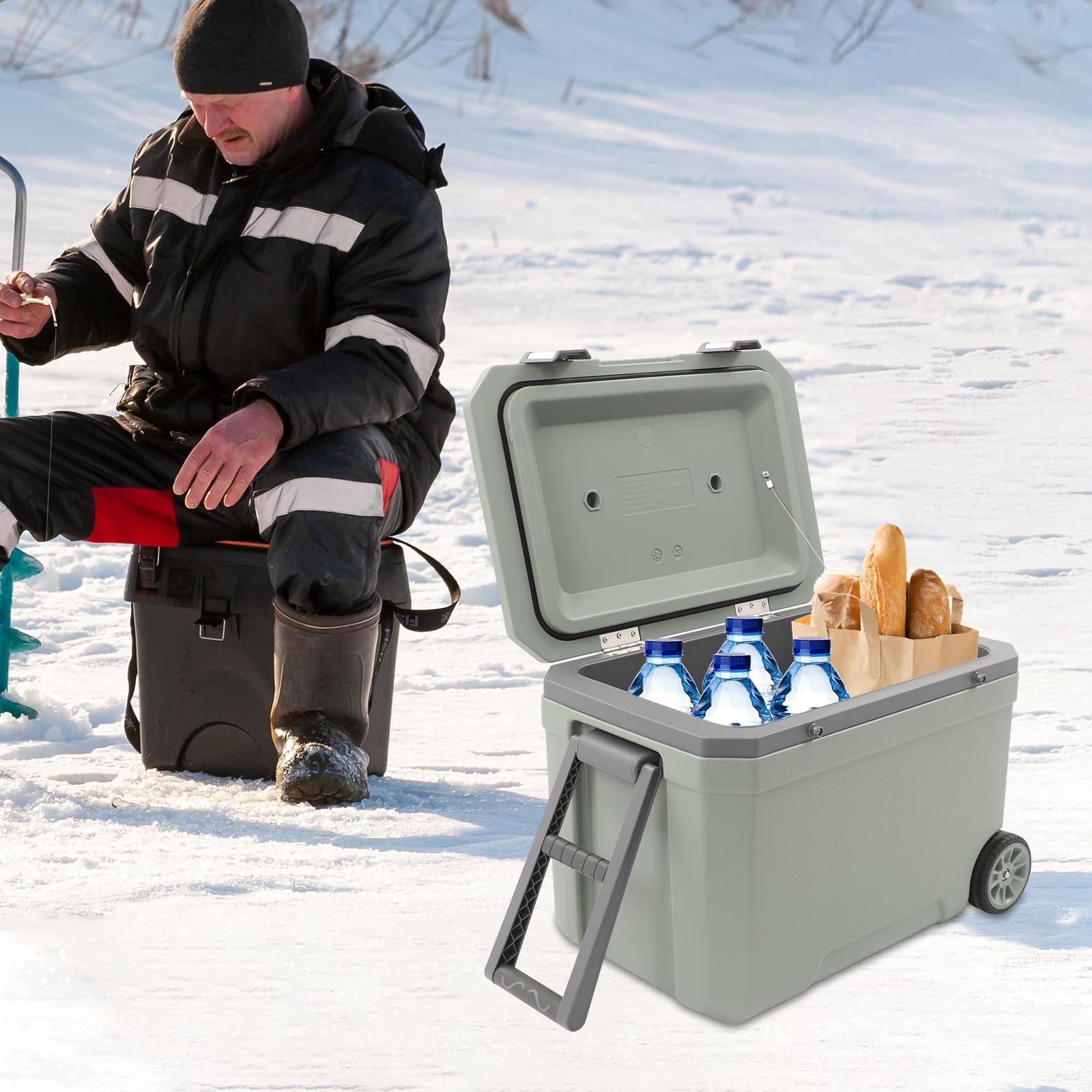 45L nevera grande con ruedas portátil Pasivo Nevera sin electricidad | Carro refrigerador con orificio de drenaje y asas, caja térmica retro para pesca, camping, picnic