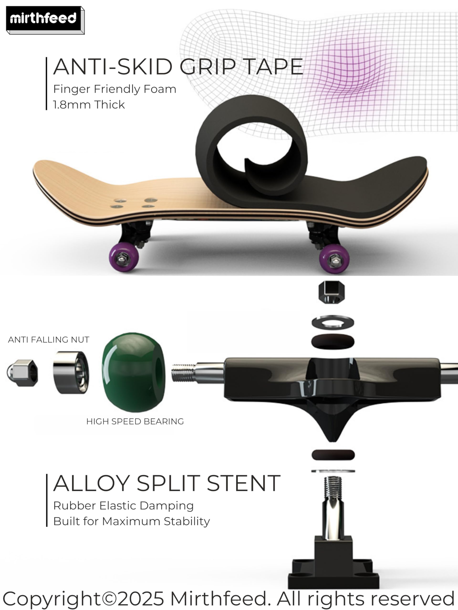 MIRTHFEED 32mm Pro Fingerboard Complete Set | Bearing Wheels | 5 Ply Maple Deck | Anti Skid Grip Tape | Complimentary Tool | Concave Shape 1