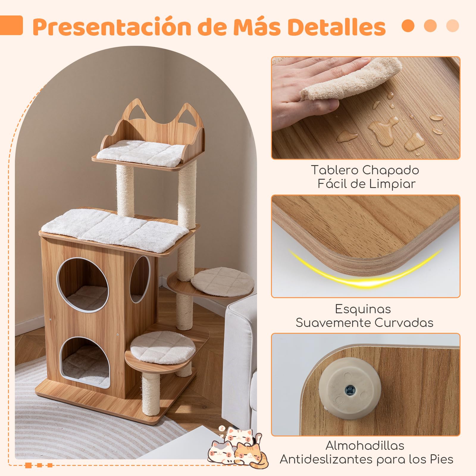 GOPLUS Árbol Rascador para Gatos con 2 Camas, una Plataforma Rectangular, 2 Plataformas Redondas y un Posadero con Barandillas, Rascador de Interior con Postes de Sisal y Alfombrillas Extraíbles