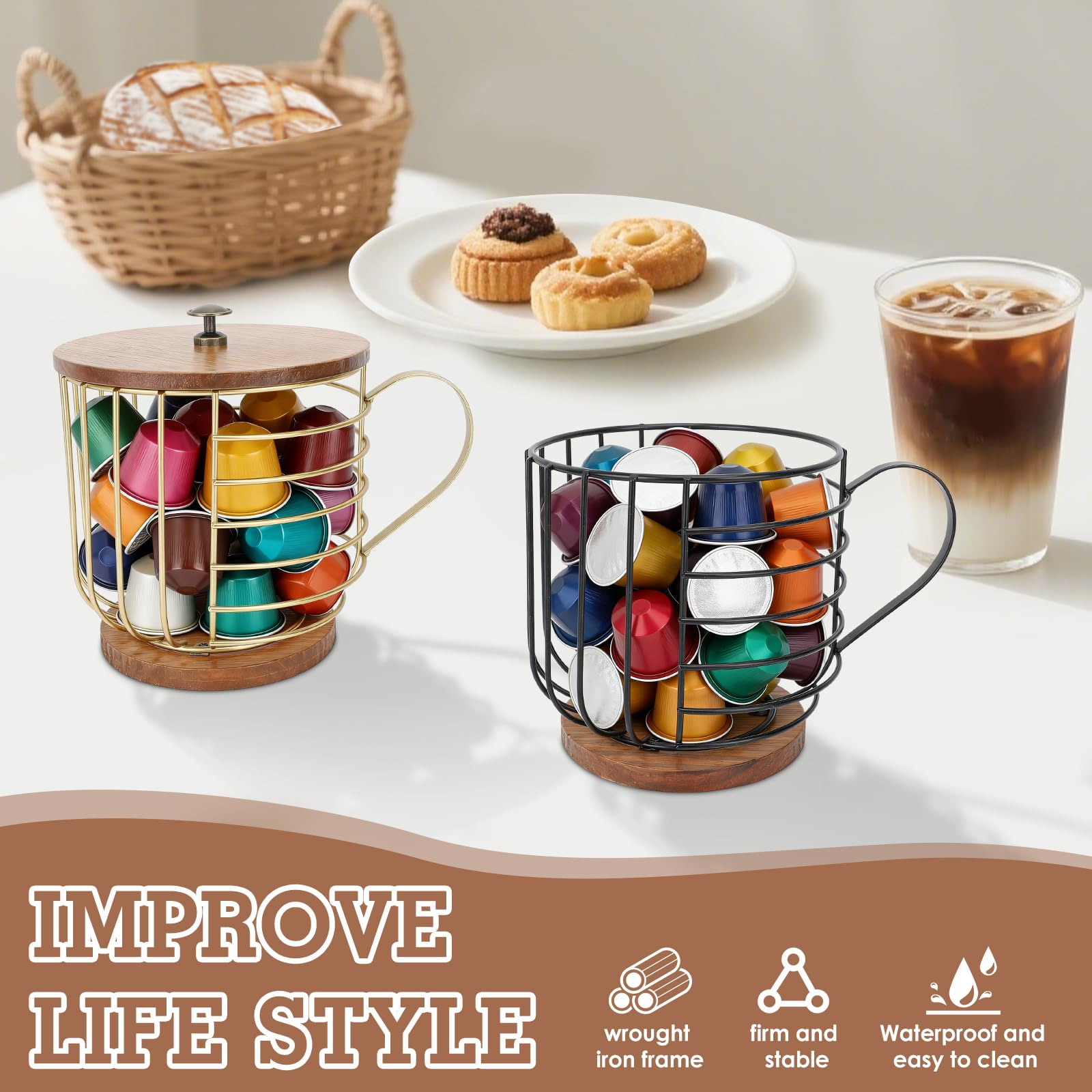 PUNNIO Portafiltro Da Caffè Con Coperchio In Legno, Grande Capacità Per Filtri A Cono, V60, Cialde E Capsule, Accessorio Bar In Ferro, 16x14 Cm